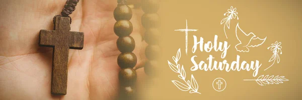Easter Message Hand Holding Rosary Beads — Stock Photo, Image