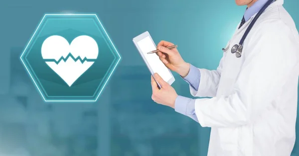 医用心片的数字合成与医学心脏 Bpm 节奏接口六角形图标 — 图库照片