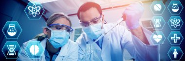 Medecine sembolleri karşı test tüpleri doldurmaya pipet kullanarak bilimi öğrencileri