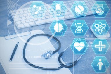 Medecine simgeler stetoskop klavye ve fare tablo pano ile karşı