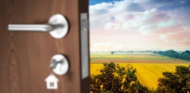 Dijital olarak peyzaj birden çok çim alanın karşı anahtar ile kahverengi kapı görüntüsü oluşturulan