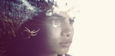 Örümcek spiderweb uzakta arıyorum genç çocuğa karşı