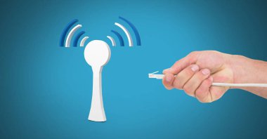 Sinyal simgesi ile tel bağlantı tutan el dijital bileşik