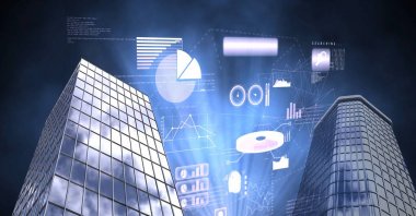 Yüksek binaların dijital bileşik istatistikler ve grafikler parlayan arayüzü ile