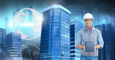 Mimar inşaat adamın tablet dünya küre ile yüksek binalar ile tutarak dijital bileşik