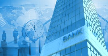 Banka ile zaman ve dünya insanlar simgeler bina uzun dijital bileşik