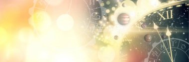 Zaman ve uzay ve gezegenler ve Altın ışık Astroloji burç dijital bileşik