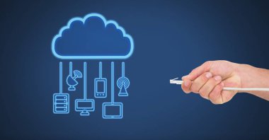 Tel bağlantı bulut aygıtlarla tutan el dijital bileşik