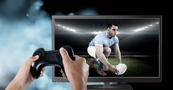 Composito Digitale Mani Che Detengono Controller Gioco Con Giocatore Rugby — Foto Stock