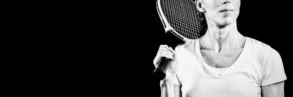 Female Tennis Player Posing Racket Black Background — Stock Photo, Image