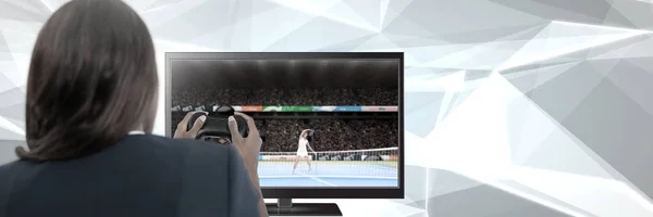 Digitale Composiet Van Vrouw Met Gaming Controller Met Tennis Televisie — Stockfoto