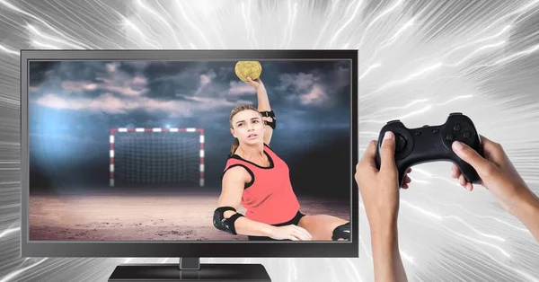 Digital Composite Hands Holding Gaming Controller Handball Player Television — Stock Photo, Image