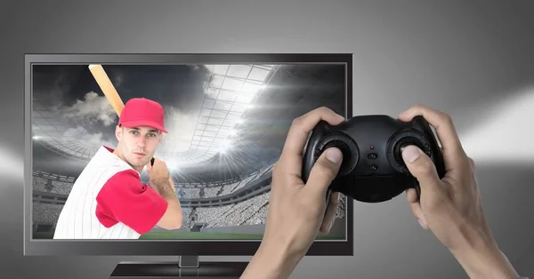 Oyun Denetleyicisi Beyzbol Oyuncusu Ile Televizyonda Holding Eller Dijital Bileşik — Stok fotoğraf