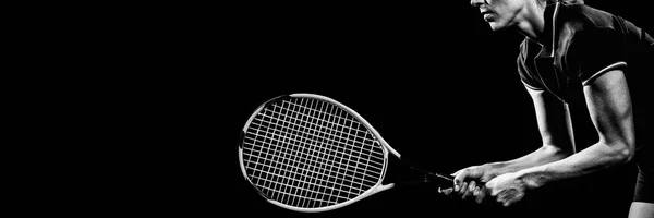 Tenista Hrající Tenis Rakety Černém Pozadí — Stock fotografie