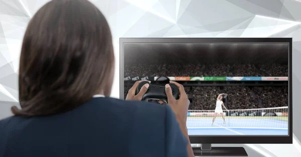 Digitale Composiet Van Vrouw Met Gaming Controller Met Tennis Televisie — Stockfoto