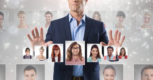 Digital composite of Man touching portrait profiles of different people