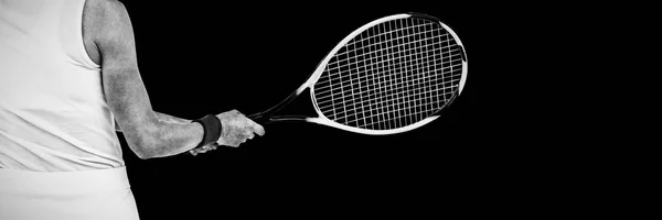 stock image Rear view of athlete playing tennis with a racket on white background