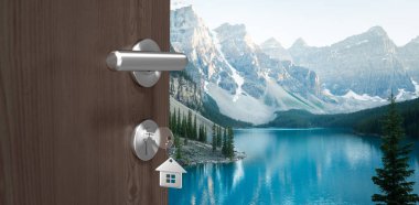 Kahverengi kapı evin anahtarı karşı karlı ile dijital olarak oluşturulan görüntü ve göl güneşli bir günde