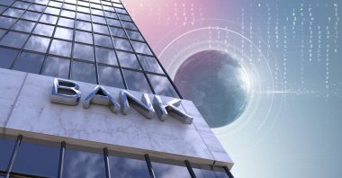 Yüksek binalar Bankası Dünya küre arka plan ile dijital bileşik