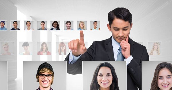 Digital composite of Man touching portrait profiles of different people