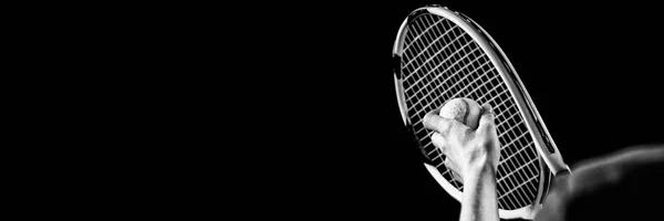 Tennis Player Holding Racquet Ready Serve Black Background — Stock Photo, Image