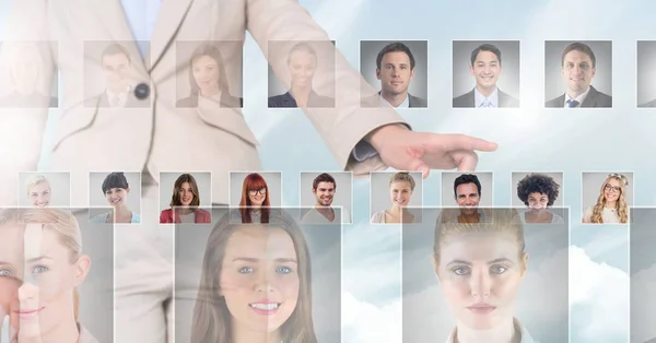 Digital Composite Hand Touching Portrait Profiles Different People — Stock Photo, Image