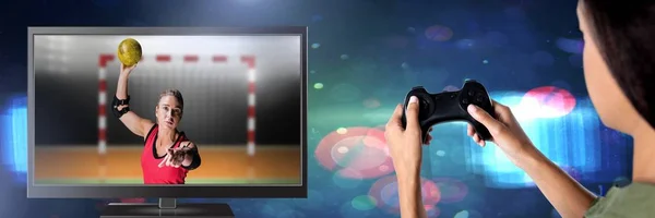 Composito Digitale Mani Che Tengono Controller Gioco Con Giocatore Pallamano — Foto Stock