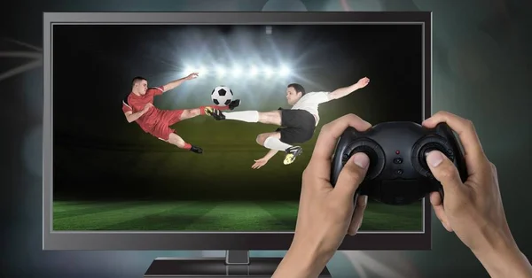 Digitale Composiet Van Voetballen Computerspel Met Controller Handen — Stockfoto