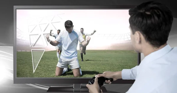 Digital Komposit Man Hålla Spel Controller Med Fotbollsspelare Firar — Stockfoto
