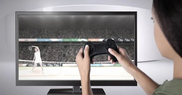 Composito Digitale Donna Che Tiene Controller Gioco Con Tennis Televisione — Foto Stock