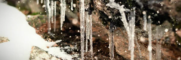 Snow Falling Close Icicles Rock — Stock Photo, Image