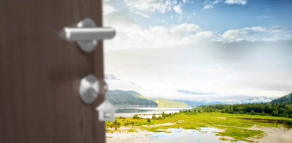 Digitally Generated Image Brown Door House Key Scenic View Landscape — Stock Photo, Image