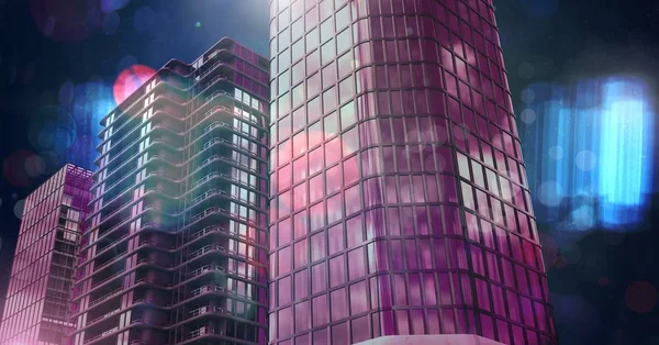 Cyfrowy Kompozytowy Wysokich Budynków Świecące Światła Tła Neon — Zdjęcie stockowe