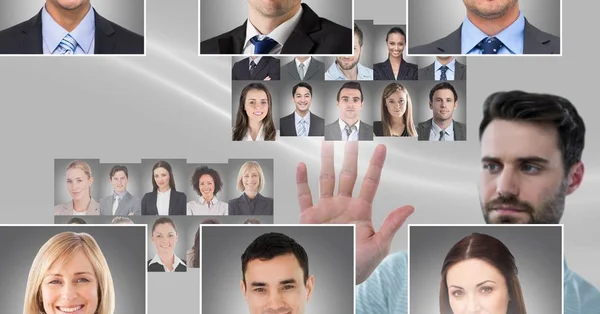 Digitales Zusammenspiel Von Menschen Die Porträtprofile Verschiedener Menschen Berühren — Stockfoto