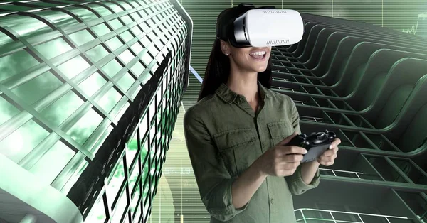 Composto Digital Mulher Brincando Com Fone Ouvido Realidade Virtual Edifícios — Fotografia de Stock