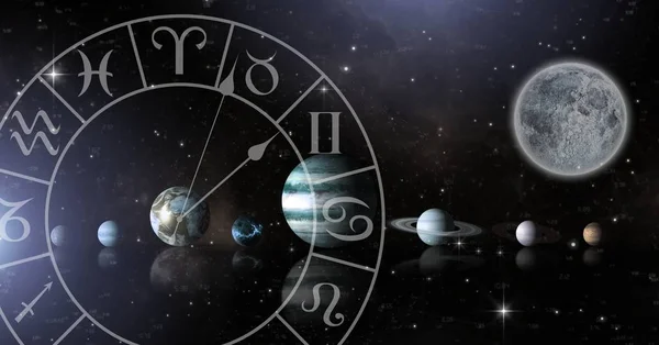 Compuesto Digital Zodíaco Astrológico Con Planetas Espacio Luna — Foto de Stock