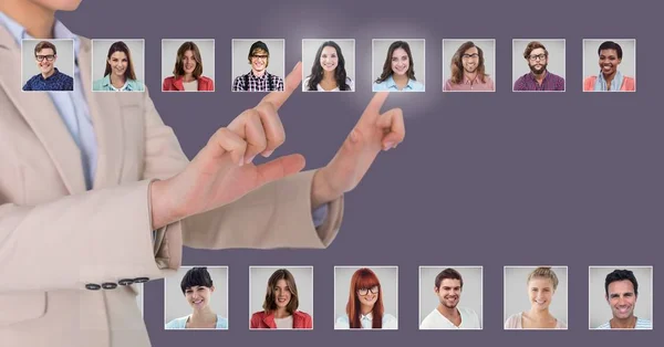 Digital Composite Hand Touching Portrait Profiles Different People — Stock Photo, Image