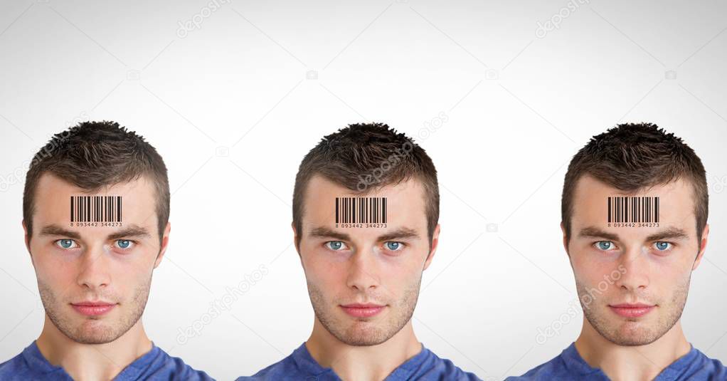 Digital composite of Clone men in row with barcodes