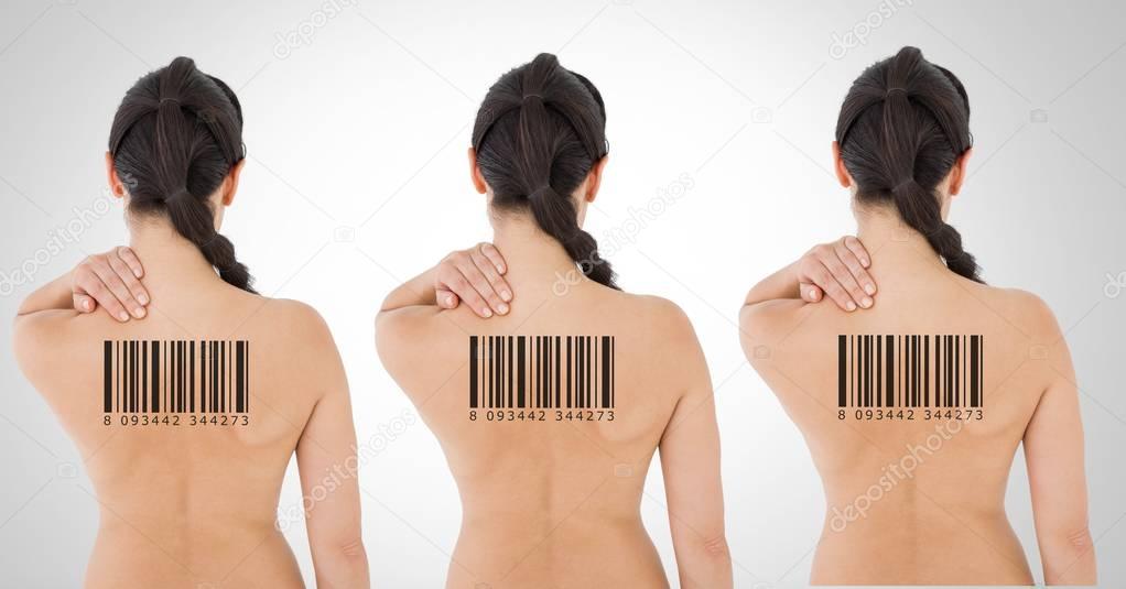 Digital composite of Clone women in row with barcodes on back