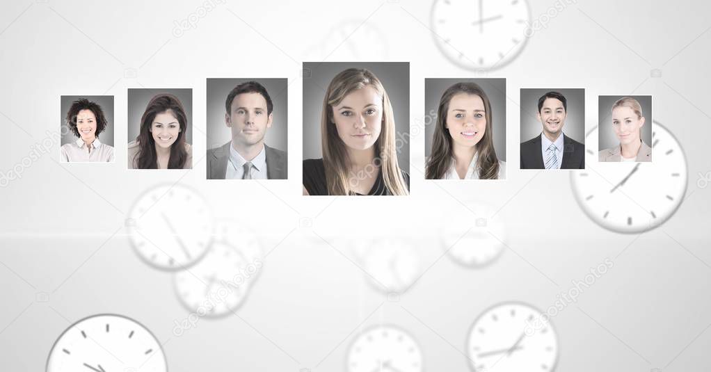 Digital composite of portrait profiles of different people and clocks time
