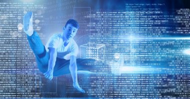 Dijital numaraları teknoloji arayüzü ile atlama çocuğun dijital bileşik