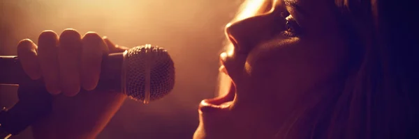 Nahaufnahme Einer Jungen Frau Die Bei Einem Konzert Club Singt — Stockfoto