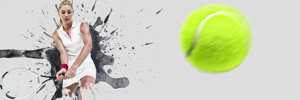 Atleta Che Gioca Tennis Con Una Racchetta Contro Vignetta Grigia — Foto Stock