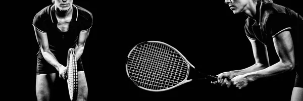 Тенісист Грає Теніс Ракеткою Чорному Тлі — стокове фото