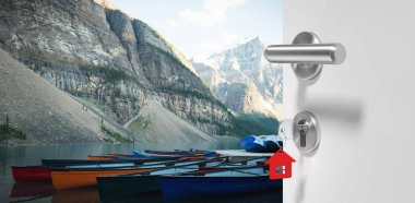 Kapı tokmağı pier yakınındaki demirli boş tekne karşı dijital olarak oluşturulan görüntü