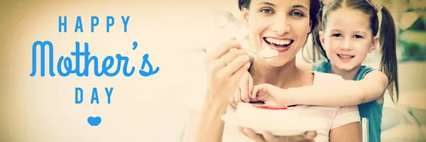 Mothers Day Greeting Mother Eating Slice Cake Daughter — Stock Photo, Image