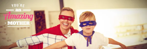 Mothers Day Greeting Mother Son Playing Super Heroes — Stock Photo, Image