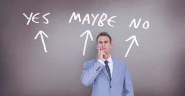 Belki Evet Hayır metin duvar okları grafikli düşünme adamın dijital bileşik