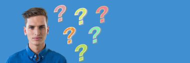 Digital composite of Man with colorful funky question marks emerging from head clipart