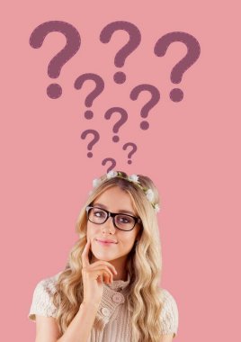 Digital composite of Woman thinking with stitched question marks clipart